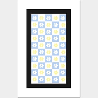 Vintage Aesthetic Checkerboard Flower Design Phone Case in Baby Blue and Yellow Posters and Art